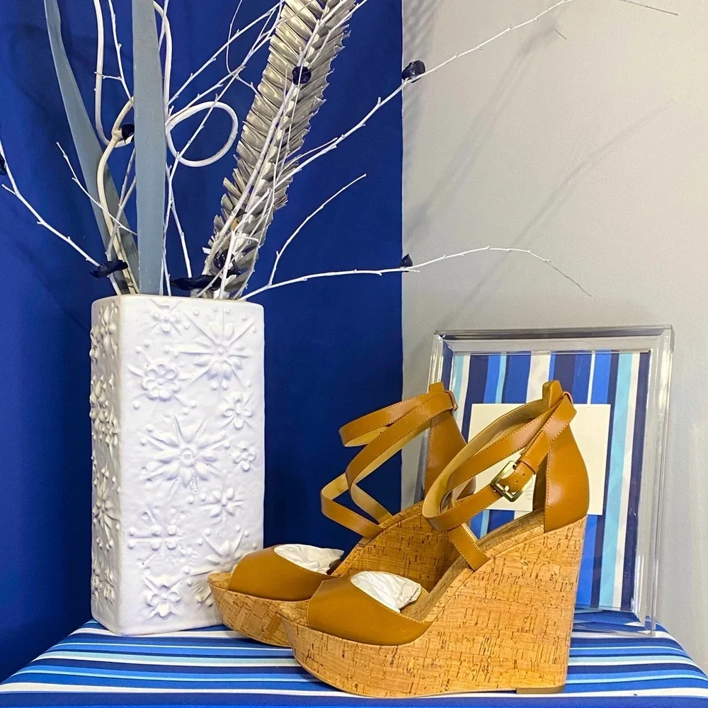 Michael Kors brown cork platform wedge strappy ankle high heel sandals Sz 10 - Picture 10 of 15